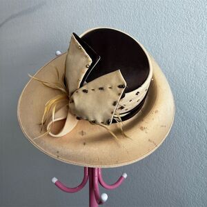 Midnight Velvet Vintage Beige Hat Beaded Bow & Feathers One Size
